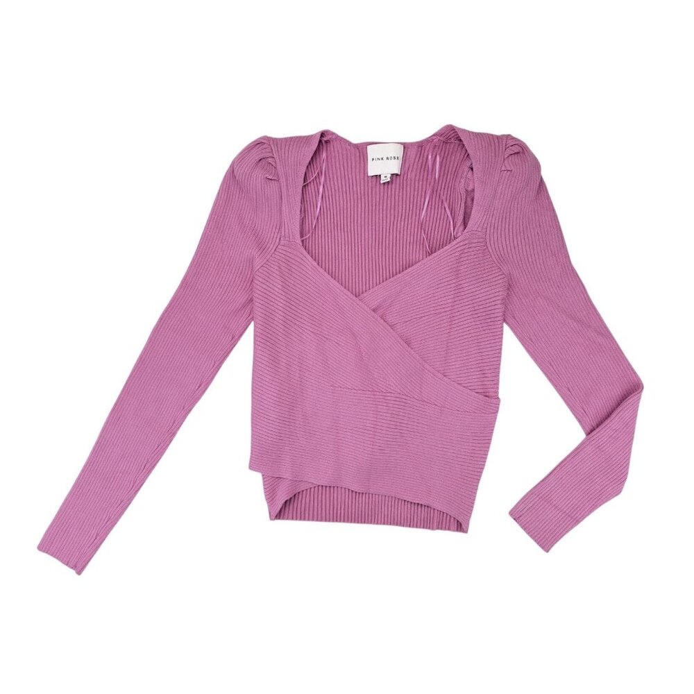 Pink Rose Ribbed Knit Wrap Sweater Medium Mauve Long Sleeve Top New - Picture 1 of 5
